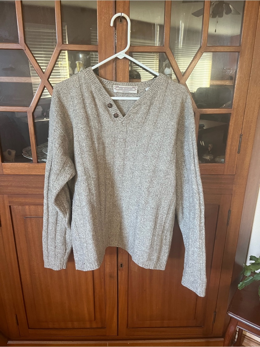 John Ashford Gray V-Neck Sweater with Button Shoulder Detail men’s